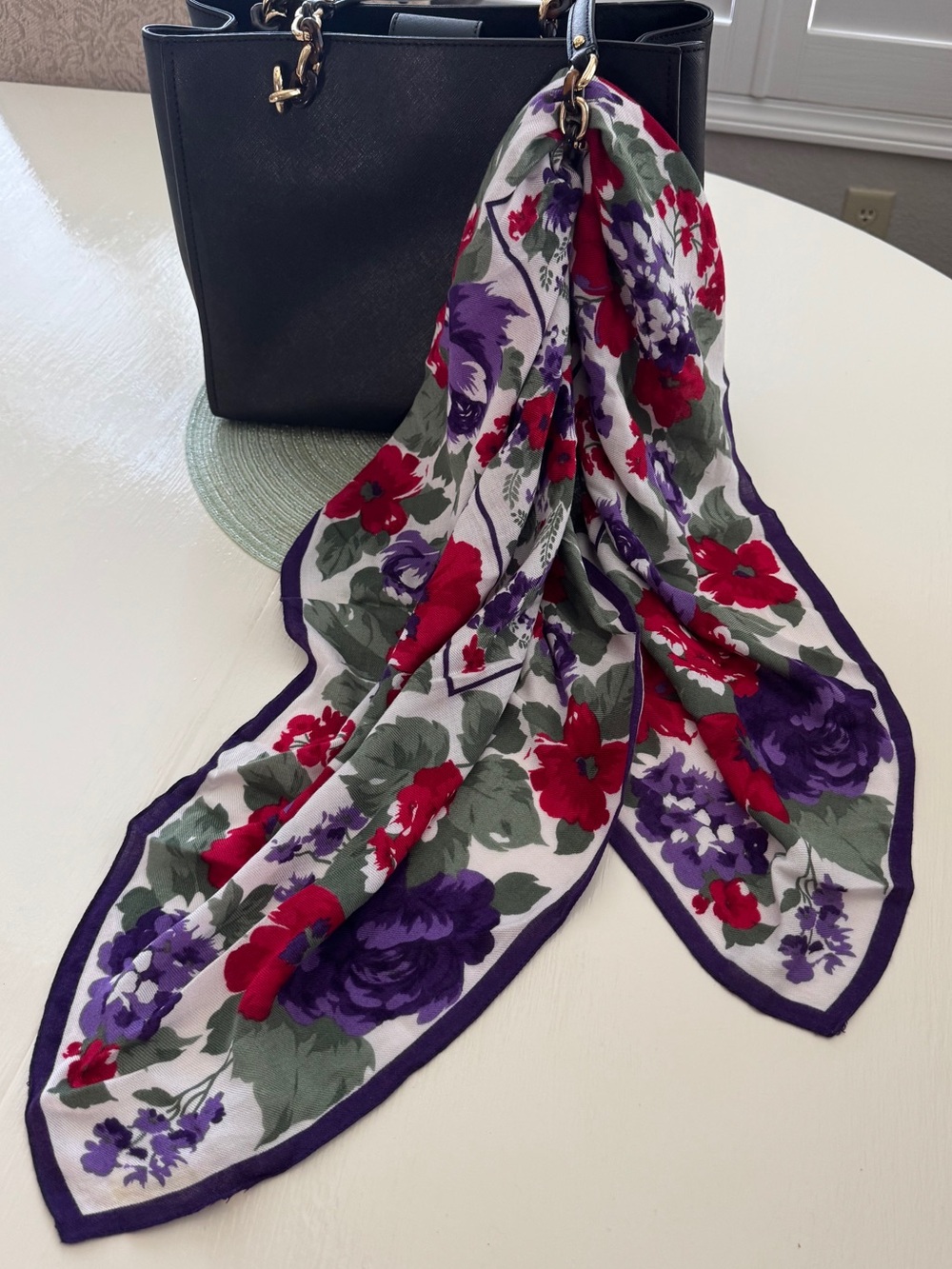 Bohemian Floral Scarf 32”x 32” Hair Bandana in Red Purple Green
